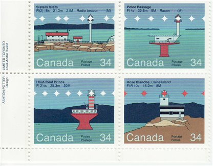 CANADA #1066A (1985), CANADIAN LIGHTHOUSES II PLATE BLOCK,  MINT NH