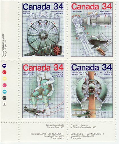 Canada Stamp PB#1102a - Canada Day - Science and Technology - 1 (1986) 4 x 34¢