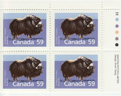 Canada stamp PLATE BLOCK #1174i - Musk Ox (1989) 59¢ RARE -- Slater Paper - Image 2