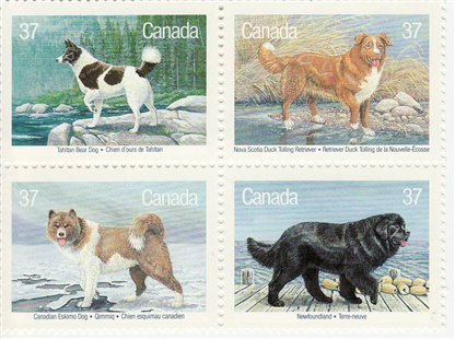 Canada Stamp #1220a - Dogs of Canada (1988) 4 x 37¢ Se-tenant block (1217-1220)