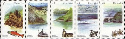 Canada Stamp #1489a - Heritage Rivers-3 (1993) 5 x 43¢ Horizontal strip of 5 (1485-1489)