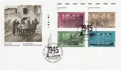 Canada FDC #1544a - Second World War-1945 (1995) 4 x 43¢ PLATE BLOCK