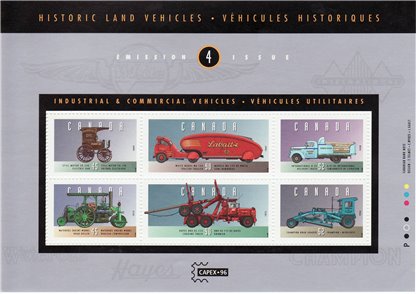 Canada Stamp #1604i - Historic Land Vehicles-4 (1996) 2 x 45¢, 2 x 52¢, 2 x 90¢ Souvenir Sheet of 6 stamps