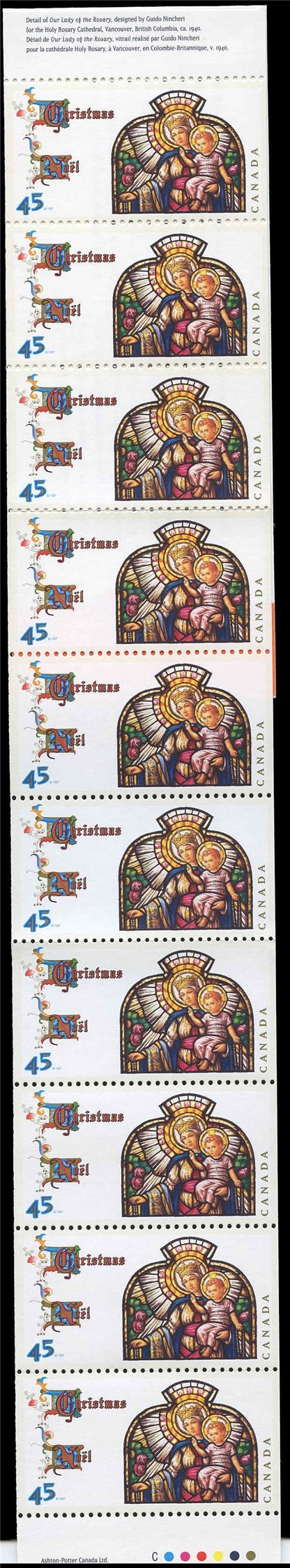 Canada Stamp Booklet - #BK202 Our Lady of the Rosary, by Guido Nincheri (1997) 10 x 45¢ - Image 2