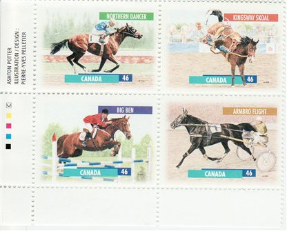 Canada Stamp PB#1794a - Canadian Horses (1999) 4 x 46¢ Se-tenant block or horizontal strip of 4 (1791-1794) - Image 2