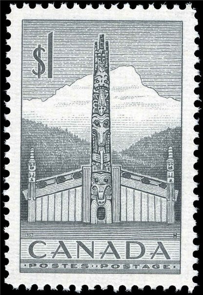 Canada Stamp PB#321 - Pacific Coast Totem Pole (1953) $1 (MLH) - Image 2