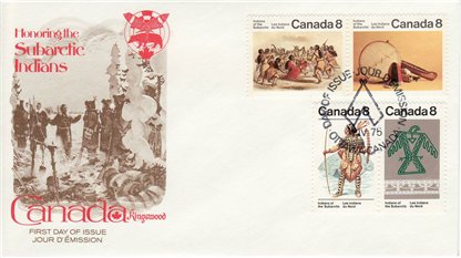 Canada FDC #575a, 577A v2 - Subarctic Indians (1975) 4 x 8¢ (missing dots)