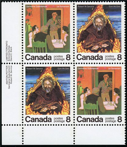 Canada Stamp pb#696ai - Le Survenant - se-tenant pair (695i, 696) (1976) 8¢ "glowing moon", constant tag variety (pos. 41)