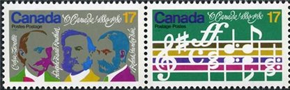 Canada Stamp #858ai - O Canada Centenary (1980) 2 x 17¢ Se-tenant pair (857, 858i) with the dot on moustache variety