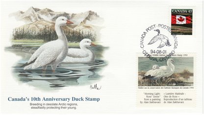 (RARE FDC) Canadian Wildlife Habitat Conservation Stamp #FWH10 - Ross Geese (1994) 