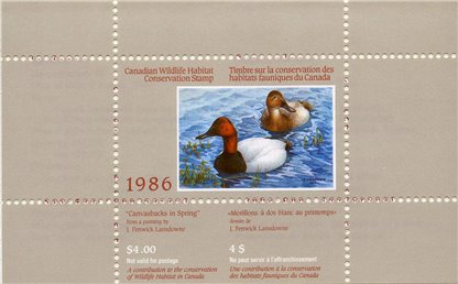 Canadian Wildlife Habitat Conservation Stamp #FWH2 - Canvasbacks (1986) $4 - Image 3