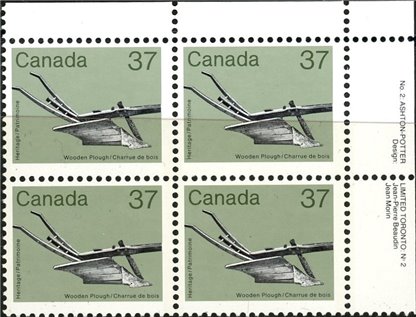 Plate Block of Canada Stamp #927i - Wooden Plough (1984) 37¢ - Image 2