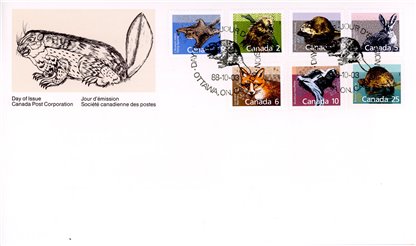 Canada OFDC #1155-61 - Mammal Definitives (low values) (1988) 1 x 1¢, 1 x 2¢, 1 x 3¢, 1 x 5¢, 1 x 6¢, 1 x 10¢, 1 x 25¢ - Image 2