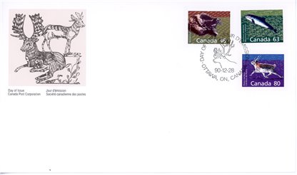 Canada OFDC#1172a - Wolverine 46¢, #1176 - Harbour Porpoise 63¢, #1180 - Peary Caribou (1990) 80¢