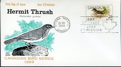 Canada FDC#498 - Hermit Thrush (1969) 25¢