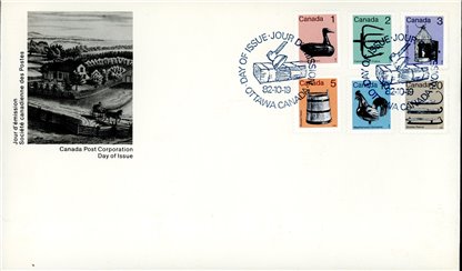 Canada OFDC#917-922 - Low-Value Artifact Definitives (1982) 1 x 1¢, 1 x 2¢, 1 x 3¢, 1 x 5¢, 1 x 10¢, 1 x 20¢