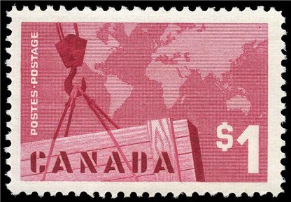 Canada Stamp #411i - Crane and Map (1963) $1 Low Fluorescence - Image 2