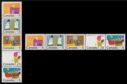 Canada Stamp #523ap - Christmas (1970) 5 x 5¢ Se-tenant strip of 5 (519p-523p), WCB(either horizontal or vertical) - Image 2