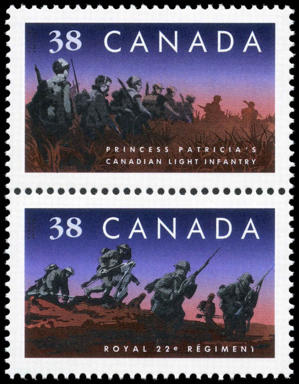 Canada Stamp #1250a - Canadian Infantry Regiments (1989) 2 x 38¢ Vertical se-tenant pair (1249, 1250)