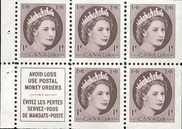 Canada Stamp #337a - Queen Elizabeth II (1956) 5 x 1¢ Booklet pane of 5 x 1¢ (337as) + label, (BK 51)