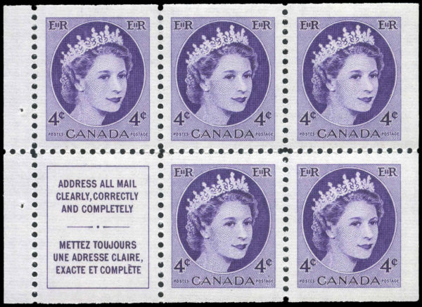 Canada Stamp #340a - Queen Elizabeth II (1954) 5 x 4¢ Booklet pane of 5 x 4¢ (340as) + label, PL (BK51)