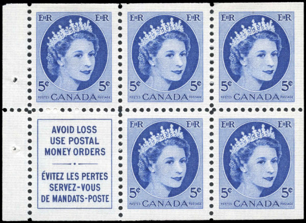 Canada Stamp #341a - Queen Elizabeth II (1954) 5 x 5¢ Booklet pane of 5 x 5¢ (341as) + label (BK49)