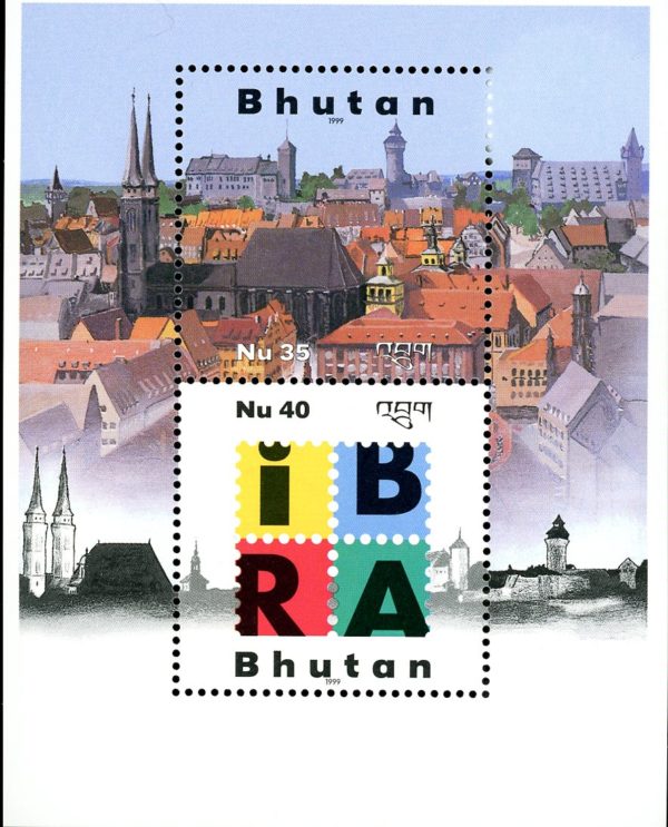 Bhutan - S#1216 - IBRA (1999) Nuremberg, City view 35nu, Show Emblem 40nu