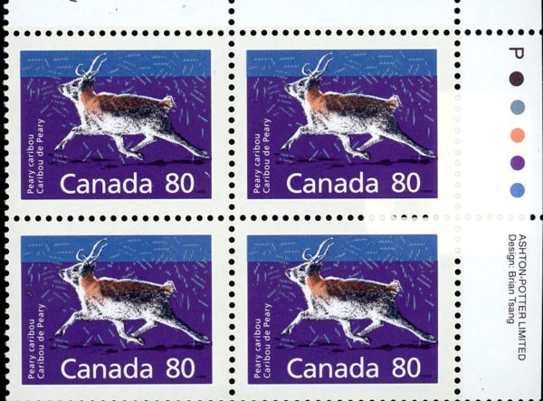 Canada Stamp PB#1180c - Peary Caribou, Perf 14.4 x 13.8 (1990) 80¢ Perf change 14.4 x 13.8