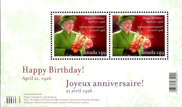 Canada Stamp #2150 - Queen Elizabeth II, 80th Birthday (2006) 2 x $1.49 Souvenir sheet of 2