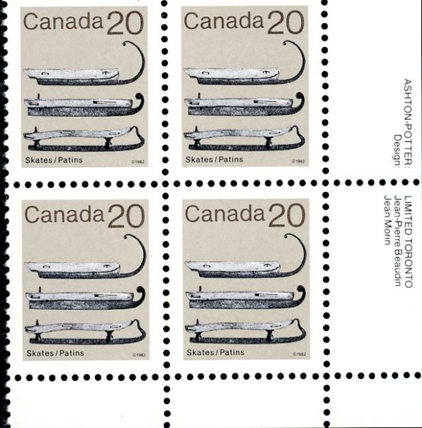 Canada Stamp PB#922IV - Ice Skates (1982) 20¢ ROLLAND PAPER (LF/MF)