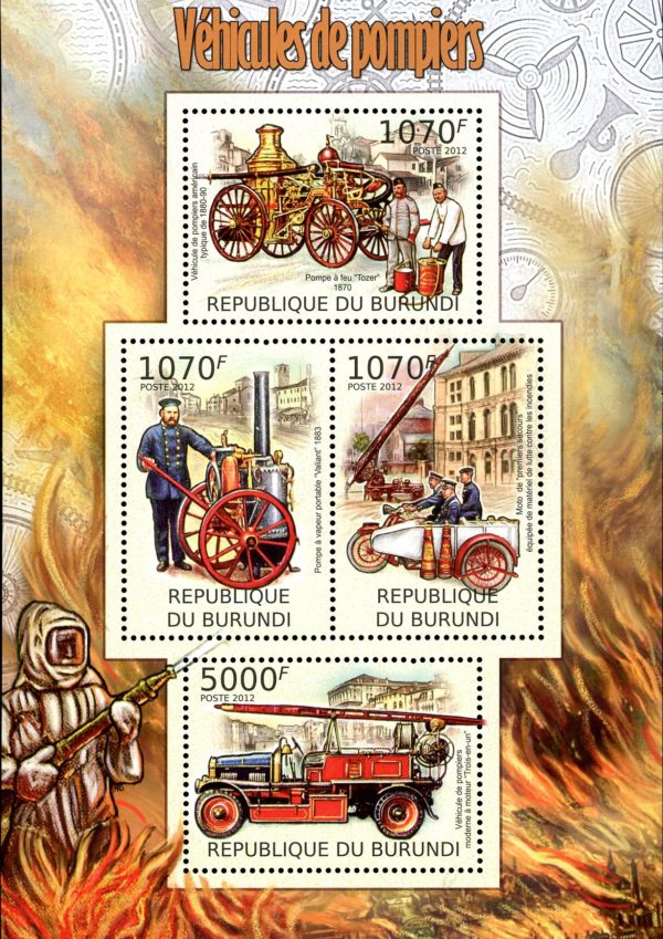 Burundi Stamp Sc#1077 (2012) - S/Sheet of 4 - Fire-Fighting Vehicles