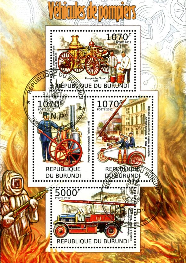 Burundi Stamp Sc#1077 (2012) - S/Sheet of 4 - Fire-Fighting Vehicles (used)