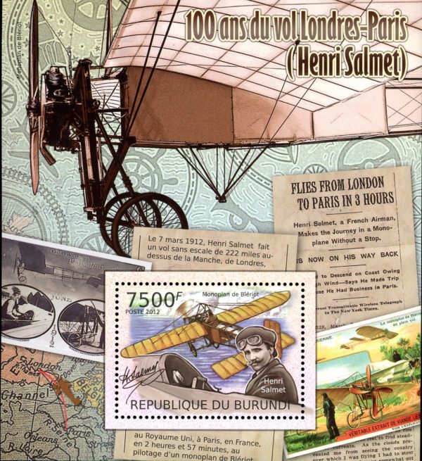 Burundi Stamp Sc#1094 (2012) - S/Sheet of 1  -Henri Salmet in cockpit, plane in flight