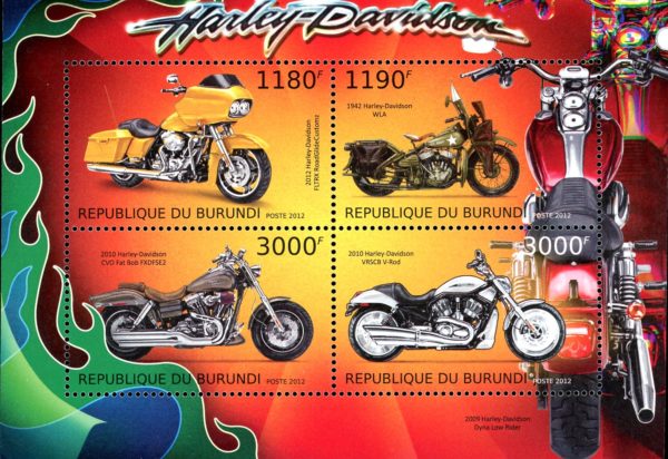 Burundi Stamp Sc#1255 (2012) - S/Sheet of 4 - Harley Davidson Motorcycles