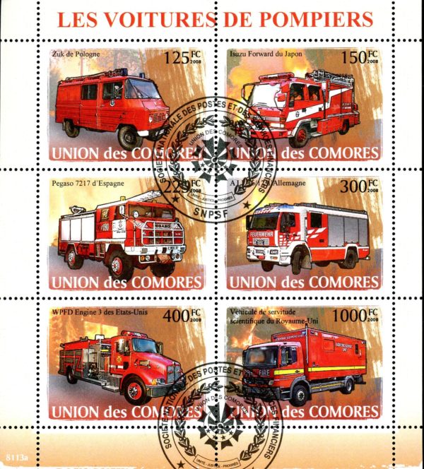 Comoro Islands Stamps Sc#1022 - (2008) - S/Sheet of 6 - Firetrucks - Cancelled