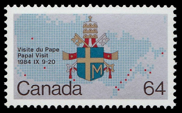 Canada Stamp #1031 - Papal coat-of-arms and map (1984) 64¢