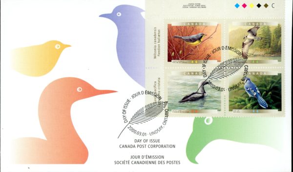 Canada OFDC#1842a - Birds of Canada-5a (2000) 4 x 46¢ Se-tenant PLATE BLOCK of 4 different (1839-1842)