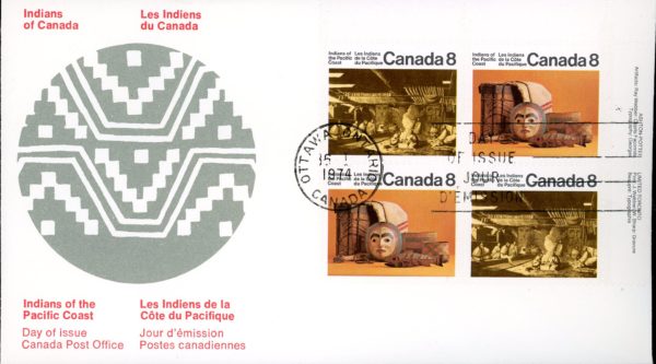 Canada OFDC#571a -PLATE BLOCK- Pacific Coast Indians (1974) 2 x 8¢ Se-tenant pair (570, 571)