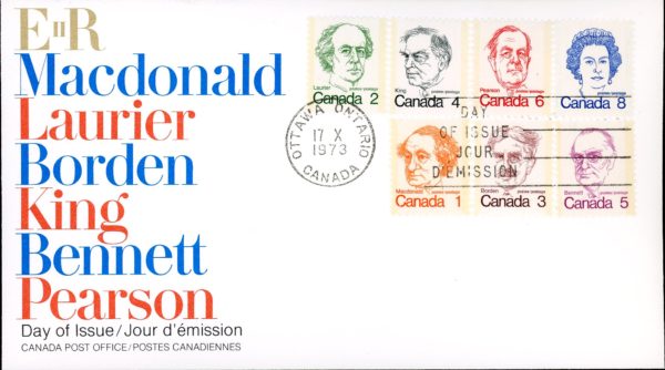 Canada OFDC#586-93 - Caricature Definitives (1973) 1¢, 2¢, 3¢, 4¢, 5¢, 6¢, 8¢, Series of 7