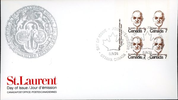 Canada OFDC#592 -PLATE BLOCK - Louis St. Laurent (1974) 7¢