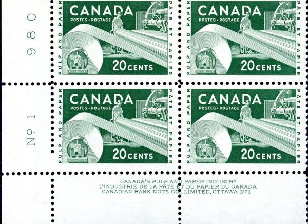 Canada Stamp PB#362 - Paper Industry (1956) 20¢ PLATE 1