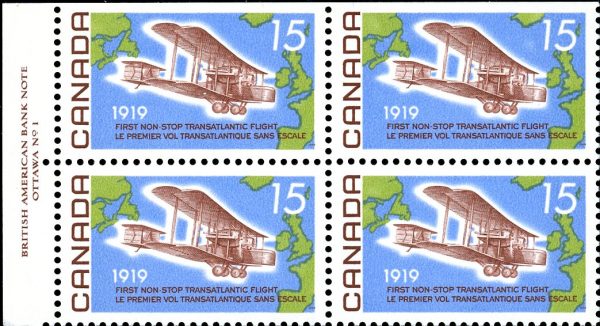 Canada Stamp PB#494i - Vickers Vimy over Atlantic (1969) 15¢ F