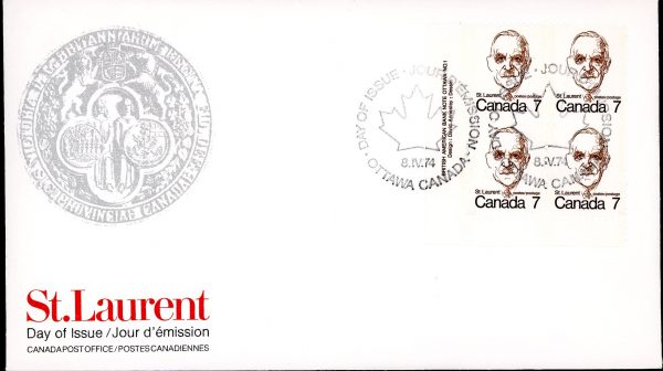 Canada OFDC#592 -PLATE BLOCK  (v1)- Louis St. Laurent (1974) 7¢