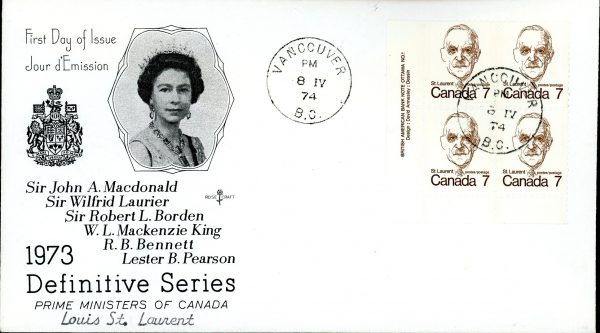 Canada FDC#592- ROSECRAFT - UNADRESSED -PLATE BLOCK - Louis St. Laurent (1974) 7¢