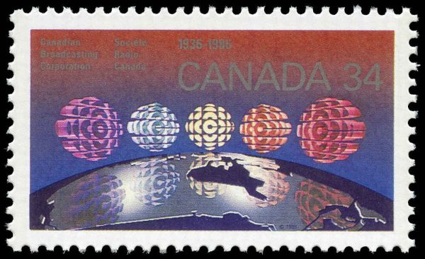 Canada Stamp #1103i - CBC logo over 5 regions of Canada (1986) 34¢ Medium fluorescence