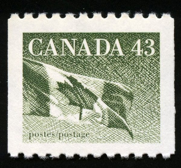 Canada Stamp #1395 - Flag (1992) 43¢ Dull fluorescence