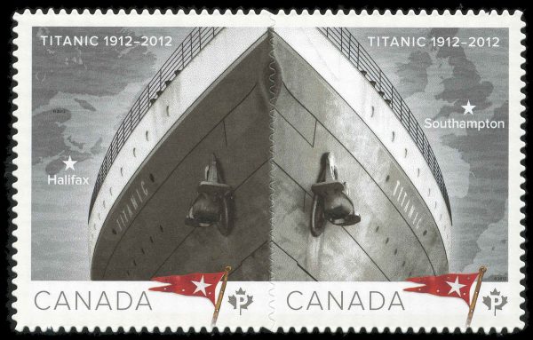 Canada Stamp #2537i - Bow of Titanic, Map showing Southampton, England, Map of Halifax, Nova Scotia (2012) P (61¢)