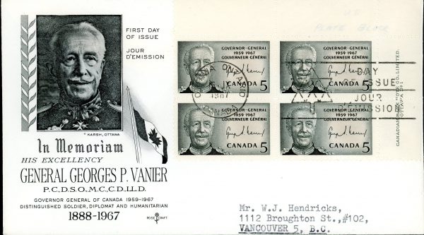 Canada FDC-PB-#474 - Governor-General Vanier (1967) 5¢ (Rose Craft)