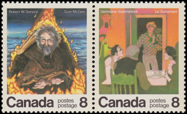 Canada Stamp #696ai - Canadian Authors (1976) 2 x 8¢ Se-tenant pair (695i, 696), "glowing moon" constant tag variety (pos. 41)