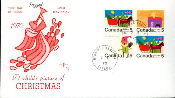 Canada FDC-BLOCK#519p+2x520p+521p- Christmas (1970) 5¢ WCB